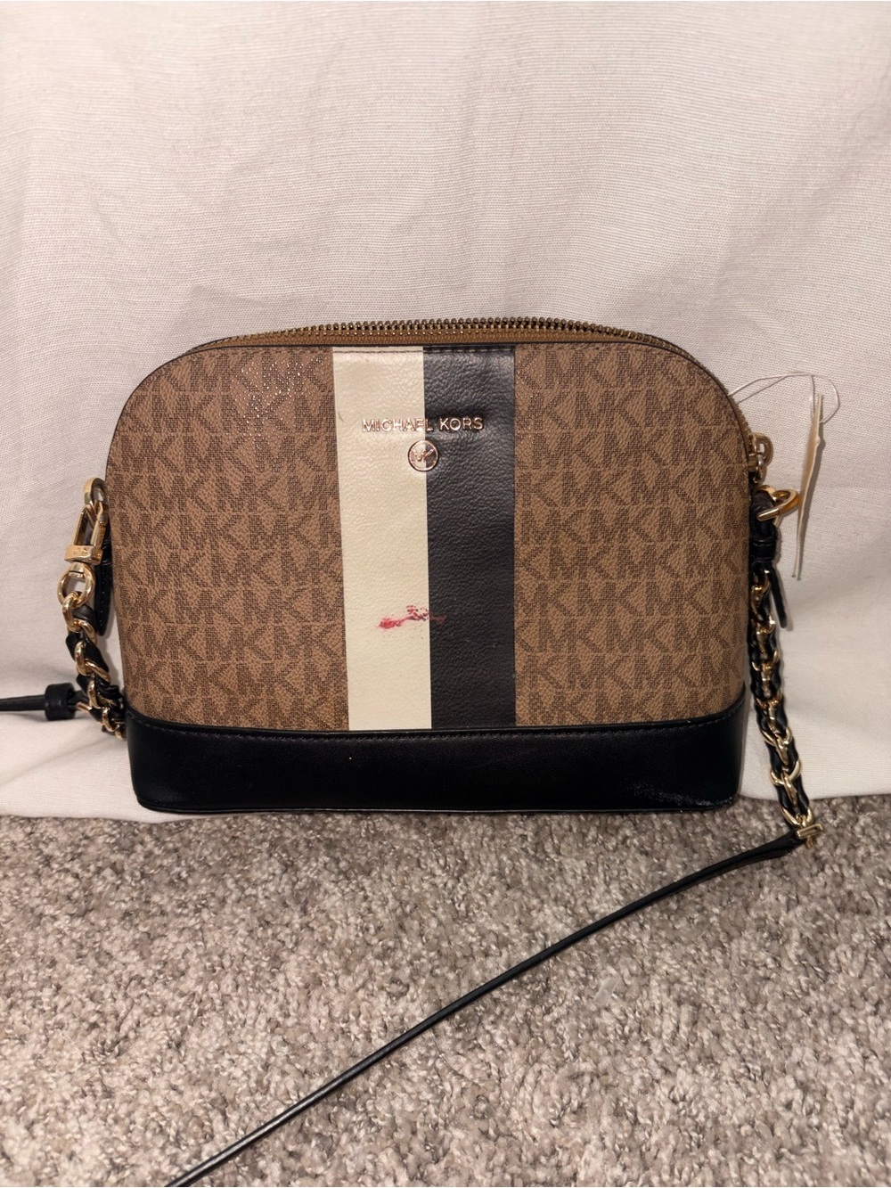 Michael Kors Brown Signature Crossbody with Black & Cream Center Stripe
